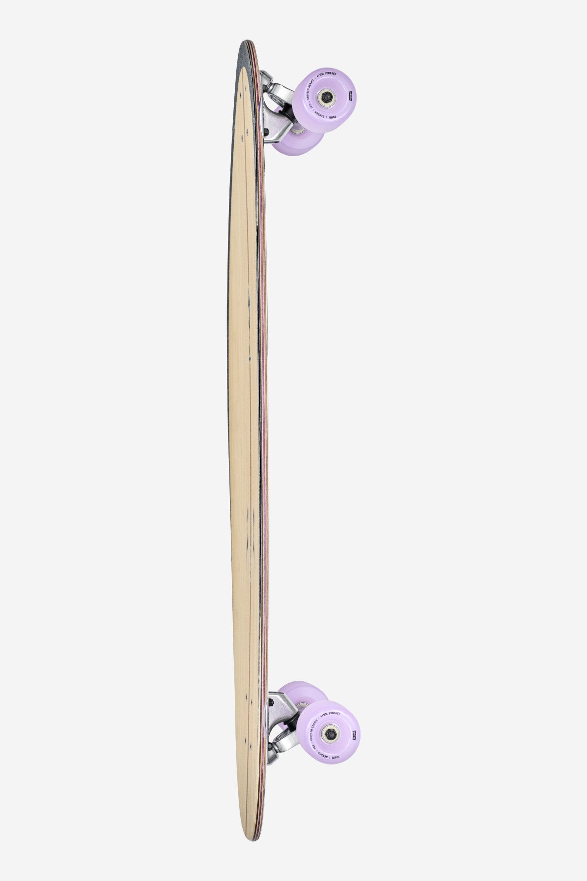 The Archer Classic Longboard 38" - Bamboo Purple is shown from the side, featuring a slim bamboo deck with light wood grain and purple wheels on silver trucks, set against a plain white background.