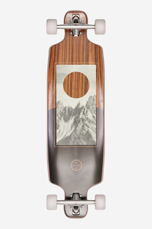 Scarper 36 inch longboard in rosewood with mountain graphic and drop through trucks visible