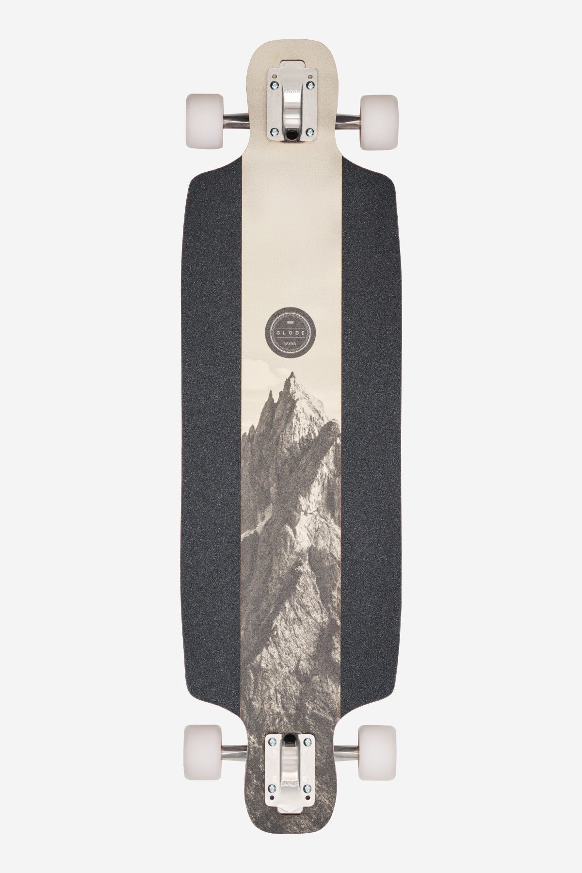 Scarper Longboard 36 inch Rosewood Peaks top view with cream center stripe and mountain graphic and white wheels