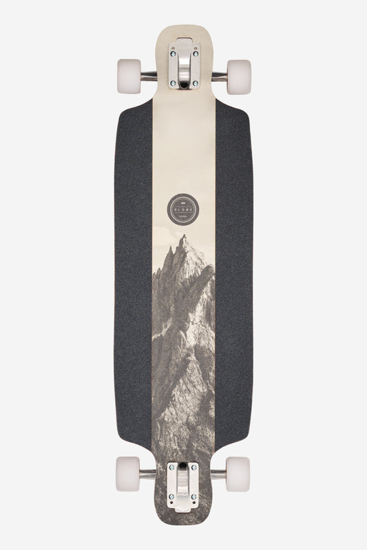 Scarper Longboard 36 inch Rosewood Peaks top view with cream center stripe and mountain graphic and white wheels