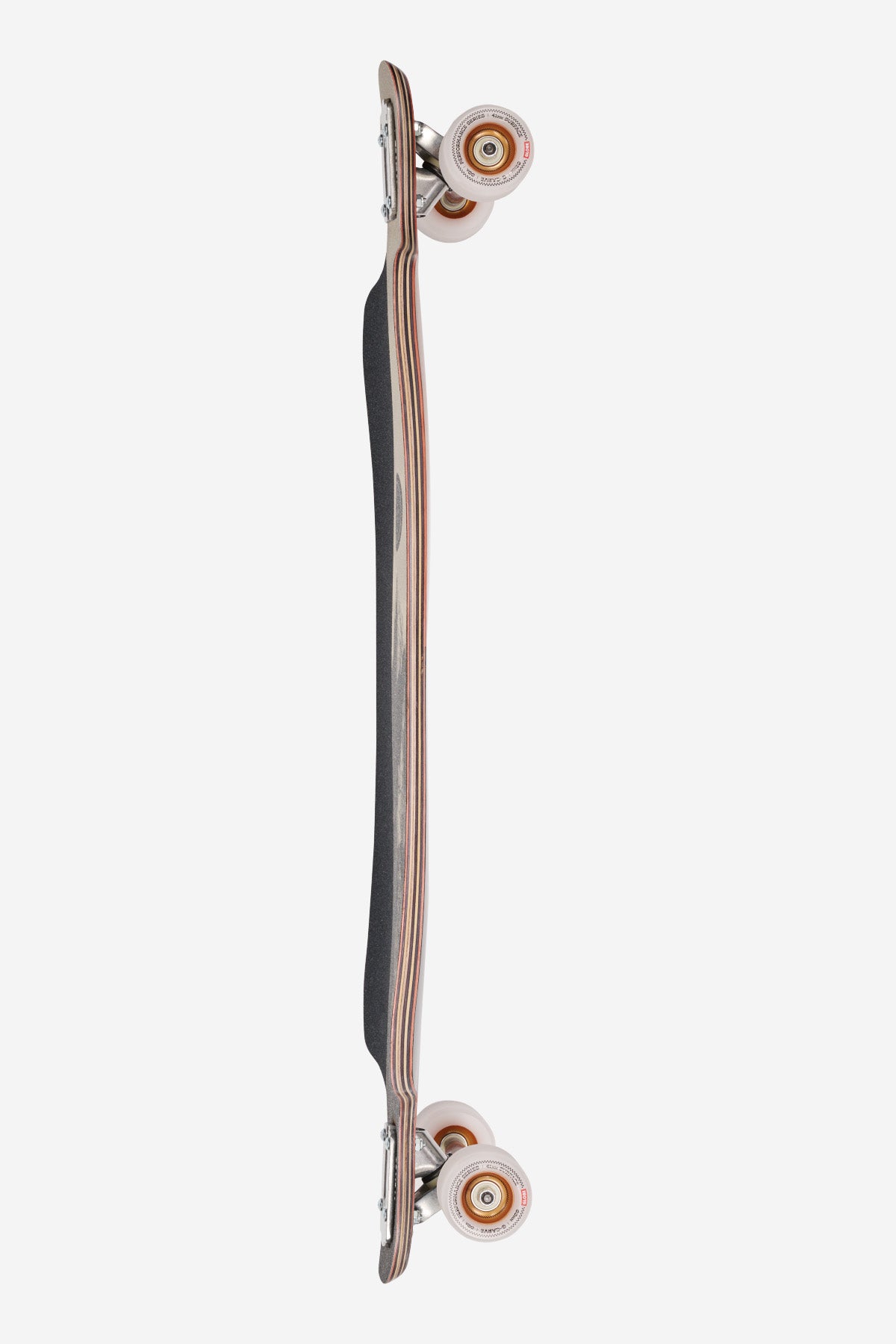 Scarper Longboard 36 inch Rosewood Peaks side view with drop-through trucks and mountain graphic