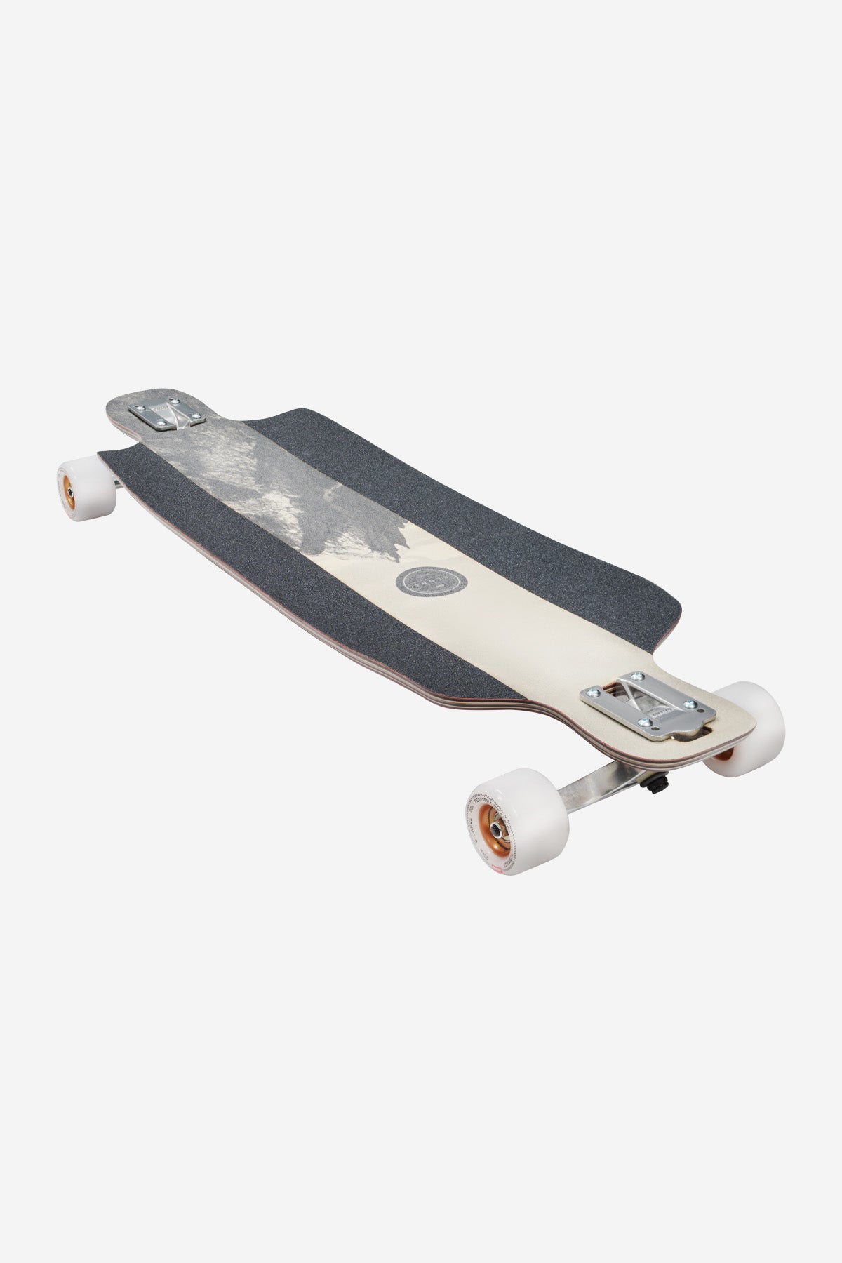 Angled view of Scarper Longboard 36 inch Rosewood Peaks deck with mountain graphic and white wheels
