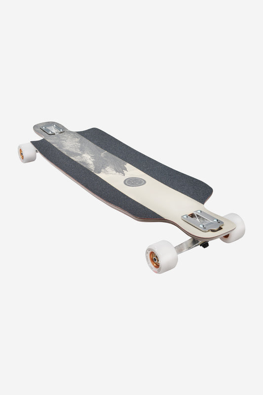 Angled view of Scarper Longboard 36 inch Rosewood Peaks deck with mountain graphic and white wheels