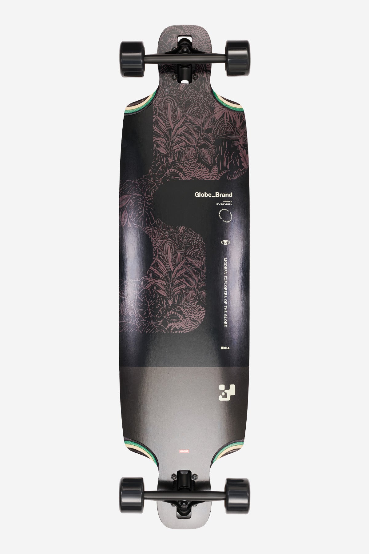 Caravan 39 inch longboard in Black Forest colorway with forest graphic viewed from the top