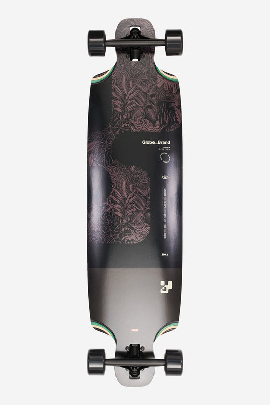 Caravan 39 inch longboard in Black Forest colorway with forest graphic viewed from the top