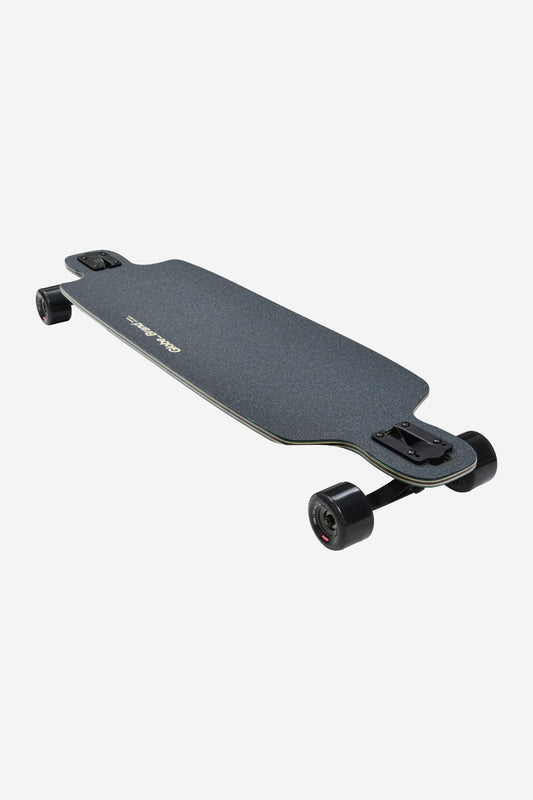 Caravan 39 inch longboard deck viewed from above with grip tape and trucks attached