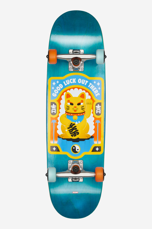 Kids Grip 83 Mid Complete 8.25 inch Maneki Neko skateboard with teal gradient deck and orange and light blue wheels