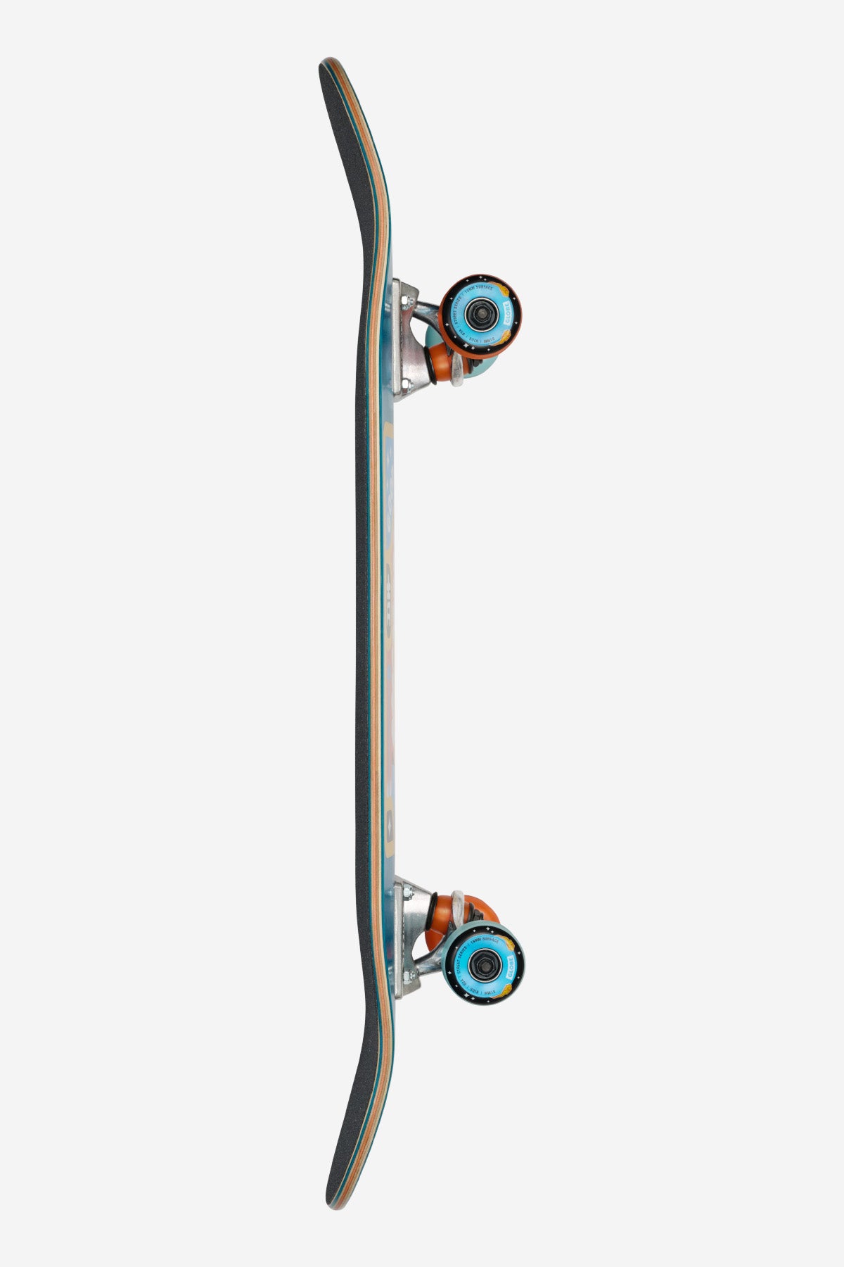 Side view of Maneki Neko Kids Grip 83 Mid skateboard showing teal edge and orange and turquoise wheels