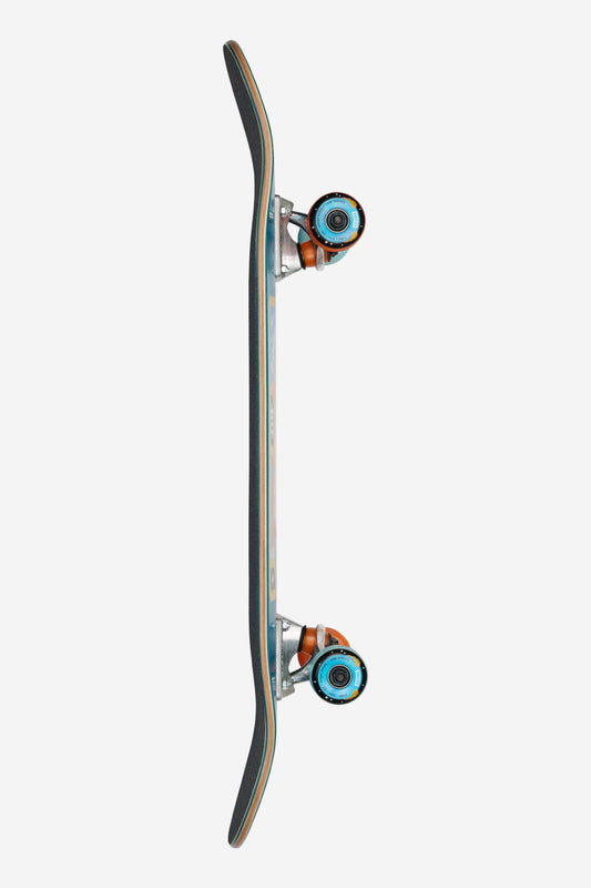 Side view of Maneki Neko Kids Grip 83 Mid skateboard showing teal edge and orange and turquoise wheels