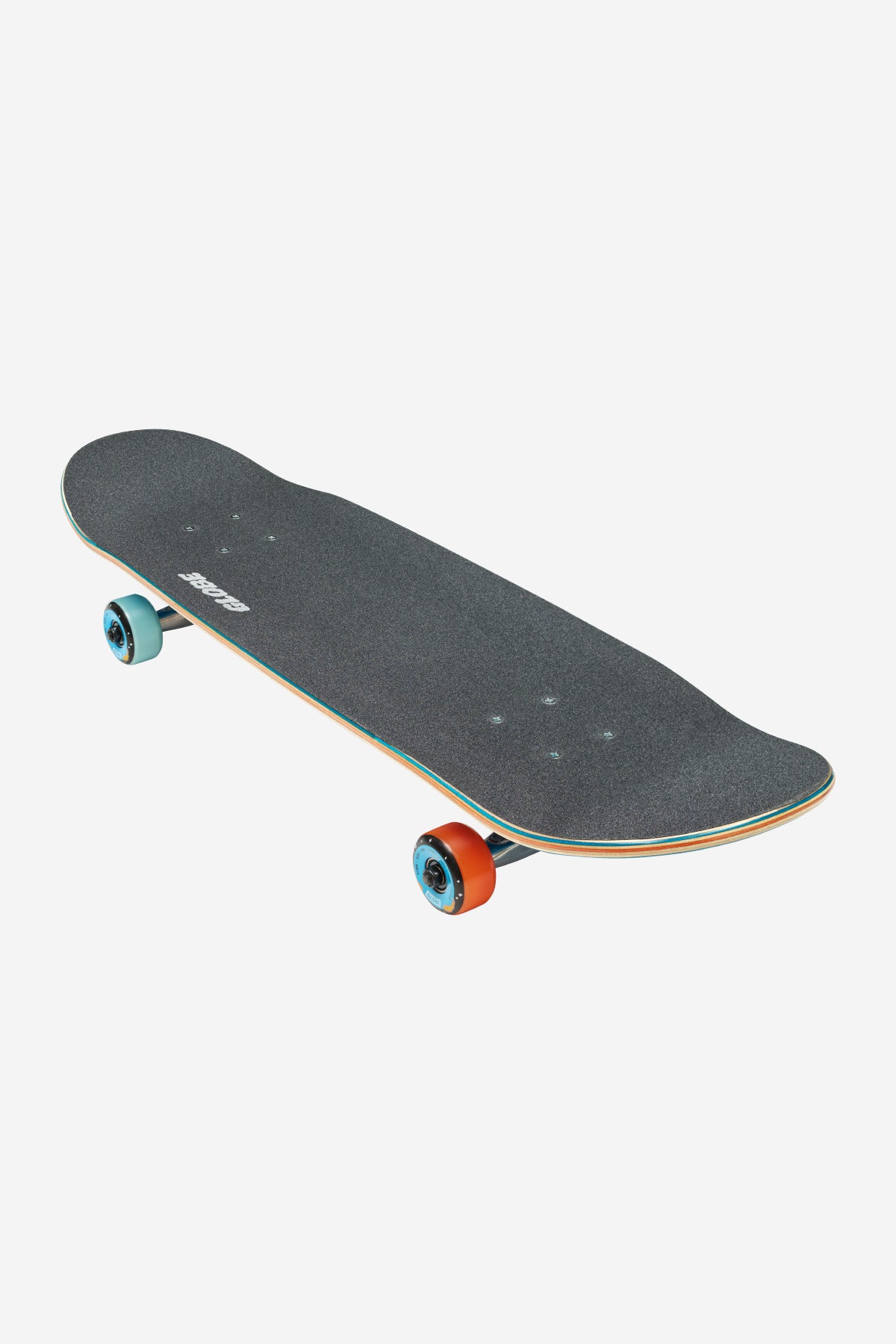 Kids Grip 83 Mid complete skateboard with dark deck black grip tape and teal front wheel and orange rear wheel