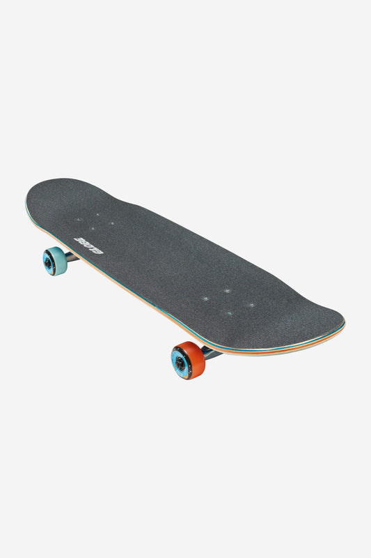 Kids Grip 83 Mid complete skateboard with dark deck black grip tape and teal front wheel and orange rear wheel