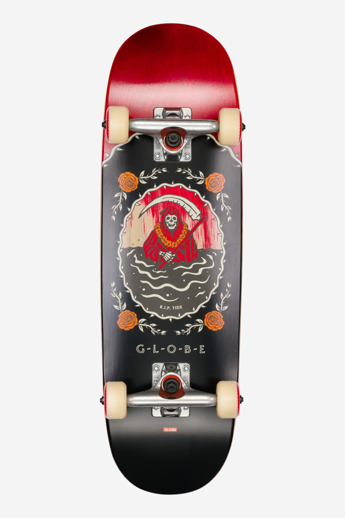 Top-down view of a Lil R.i.p.per skateboard with red gradient deck, cream wheels, and a grim reaper graphic.