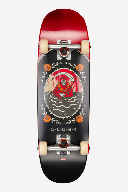 Top-down view of a Lil R.i.p.per skateboard with red gradient deck, cream wheels, and a grim reaper graphic.
