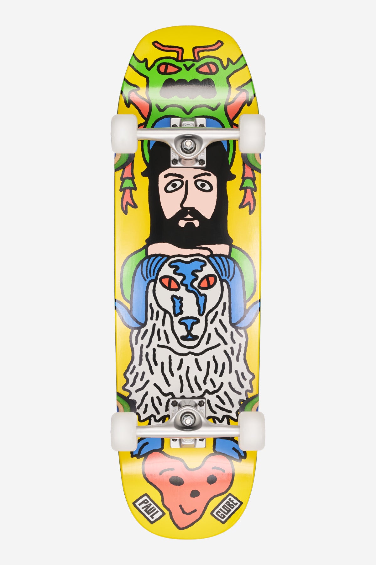 Top view of a Hammer Cruiserboard 9.0 deck with bright yellow art of a bearded man and green monster, white trucks.