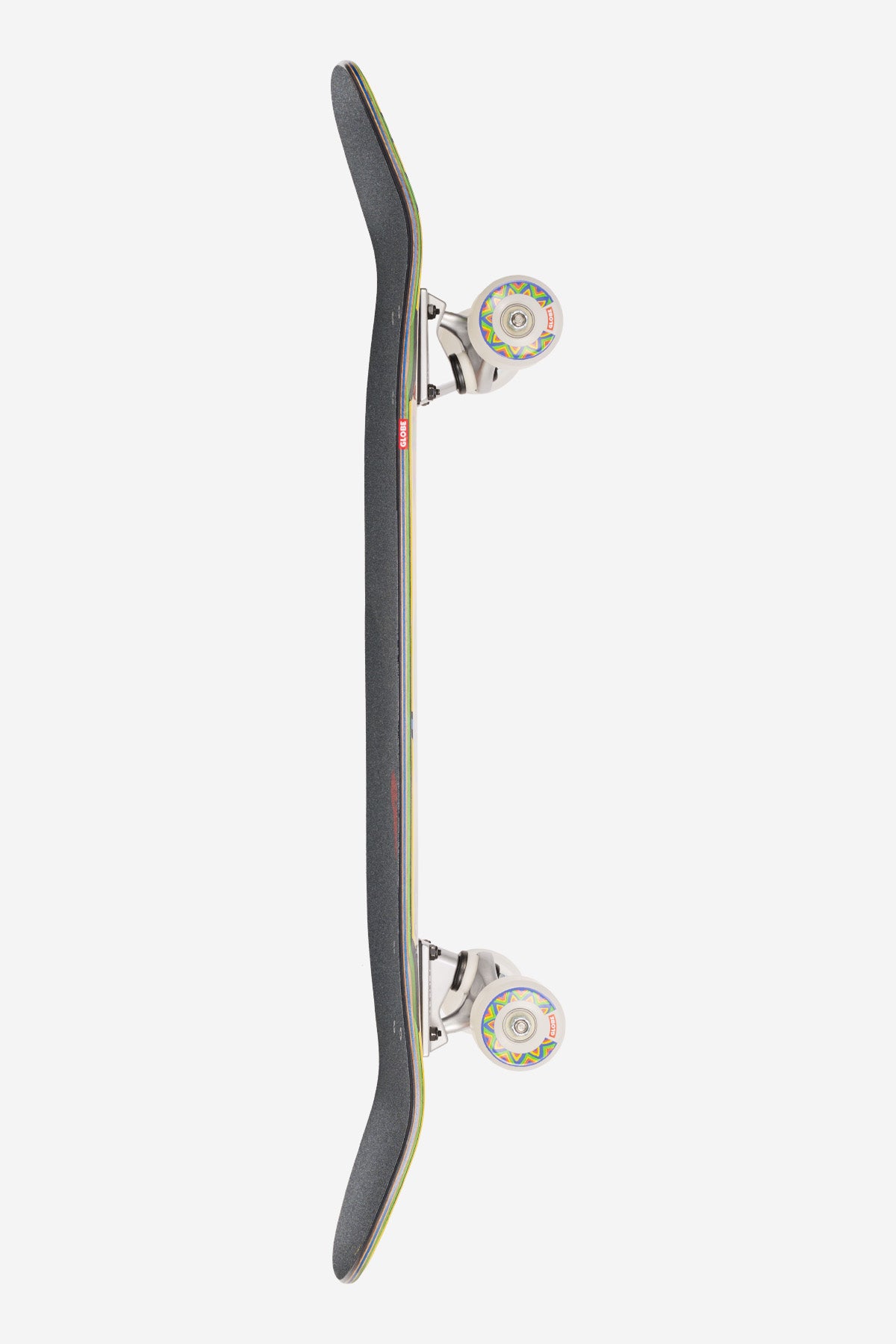 Side profile of the Hammer Cruiserboard 9.0 showing a rainbow edge stripe and white trucks with white wheels.