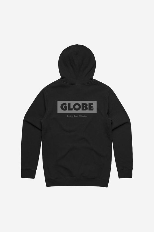The Living Low Velocity Hoodie - Black features "GLOBE" in bold gray letters with "Living Low Velocity" beneath, centered on the back. The black hoodie is shown laid flat on a white background.
