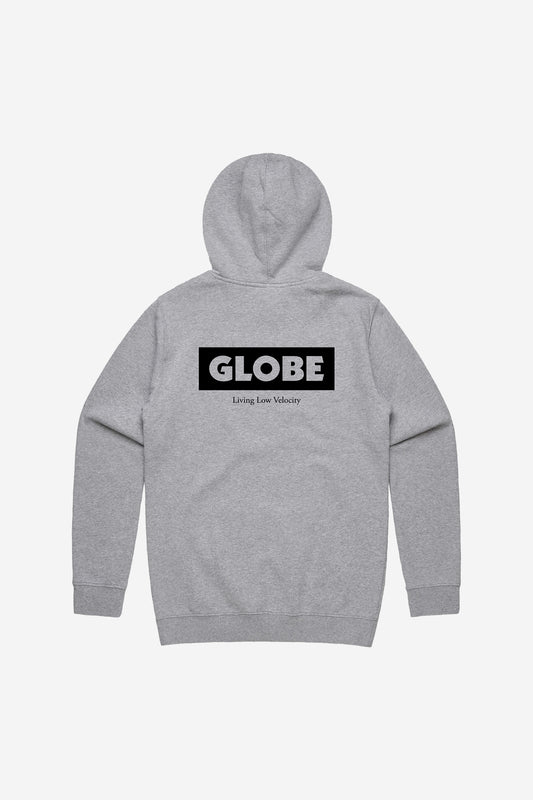 The Living Low Velocity Hoodie - Grey Marle features a gray hooded design with "GLOBE" in bold white letters on a black rectangle across the upper back, and "Living Low Velocity" in smaller text below.