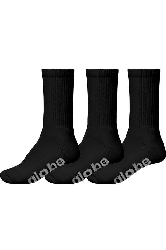 The OG Stealth Hi Crew 3 Pk w Case - Black includes three pairs of men's crew socks (size 7-11) with ribbed texture, arch support, and "globe" embroidered in white on the toes. Socks are arranged upright side by side.