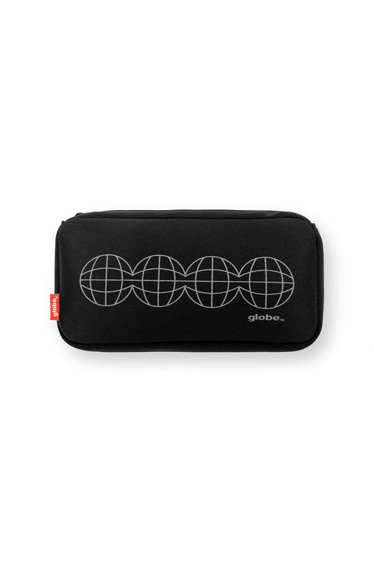 The OG Stealth Hi Crew 3 Pk w Case - Black is a black zippered pouch featuring four white globe outlines in a row, "globe" in white on the bottom right, and a small red tag—ideal for storing crew socks or men's size 7-11 accessories.