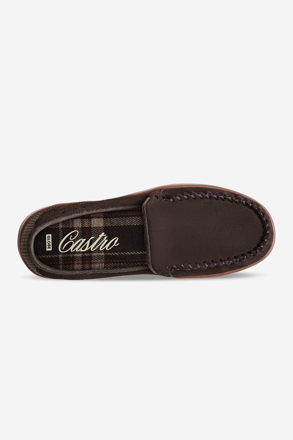 Top view of Castro brown suede loafer showing tartan lining and moccasin toe stitching