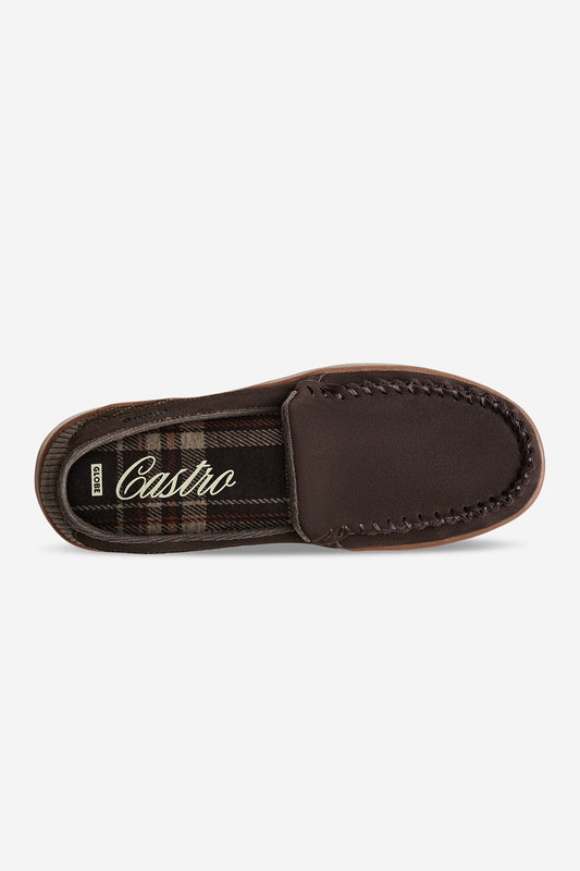 Top view of Castro brown suede loafer showing tartan lining and moccasin toe stitching