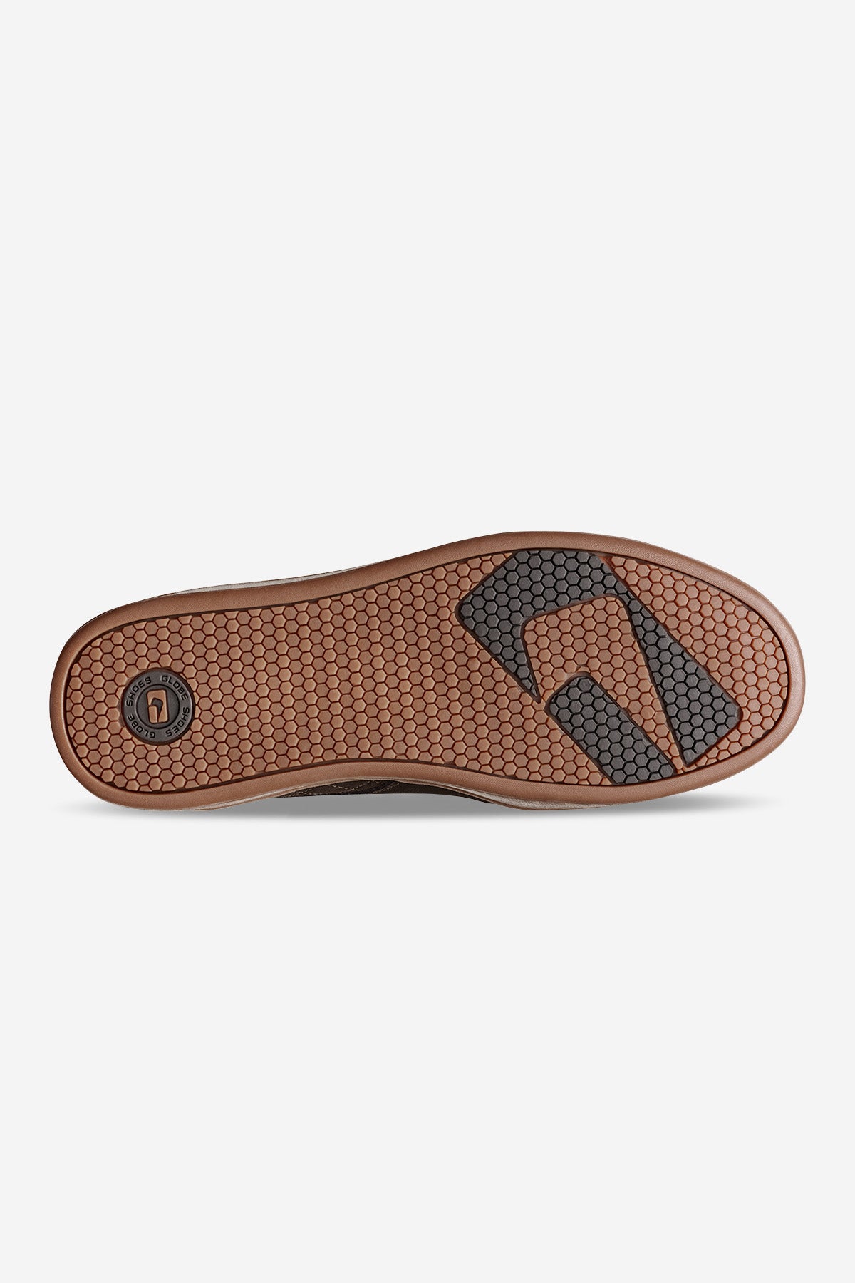 Outsole view of Castro loafer with brown hexagonal tread and logo detail