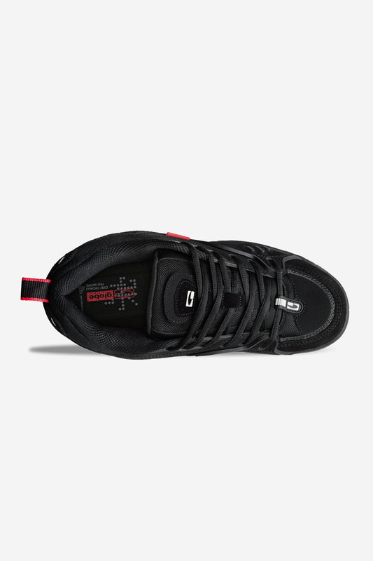 Top view of the CT-4 - Black Suede skate shoe, featuring black suede, black laces, a red heel pull tab, small metal detail, and insole branding with red and white design elements inspired by Chet Thomas’s signature style.