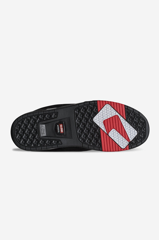 The image displays the black, red, and white rubber outsole of the Globe CT-4 - Black Suede skate shoe, featuring a textured tread for grip and the GORE-TEX logo near the heel to indicate its waterproof technology.