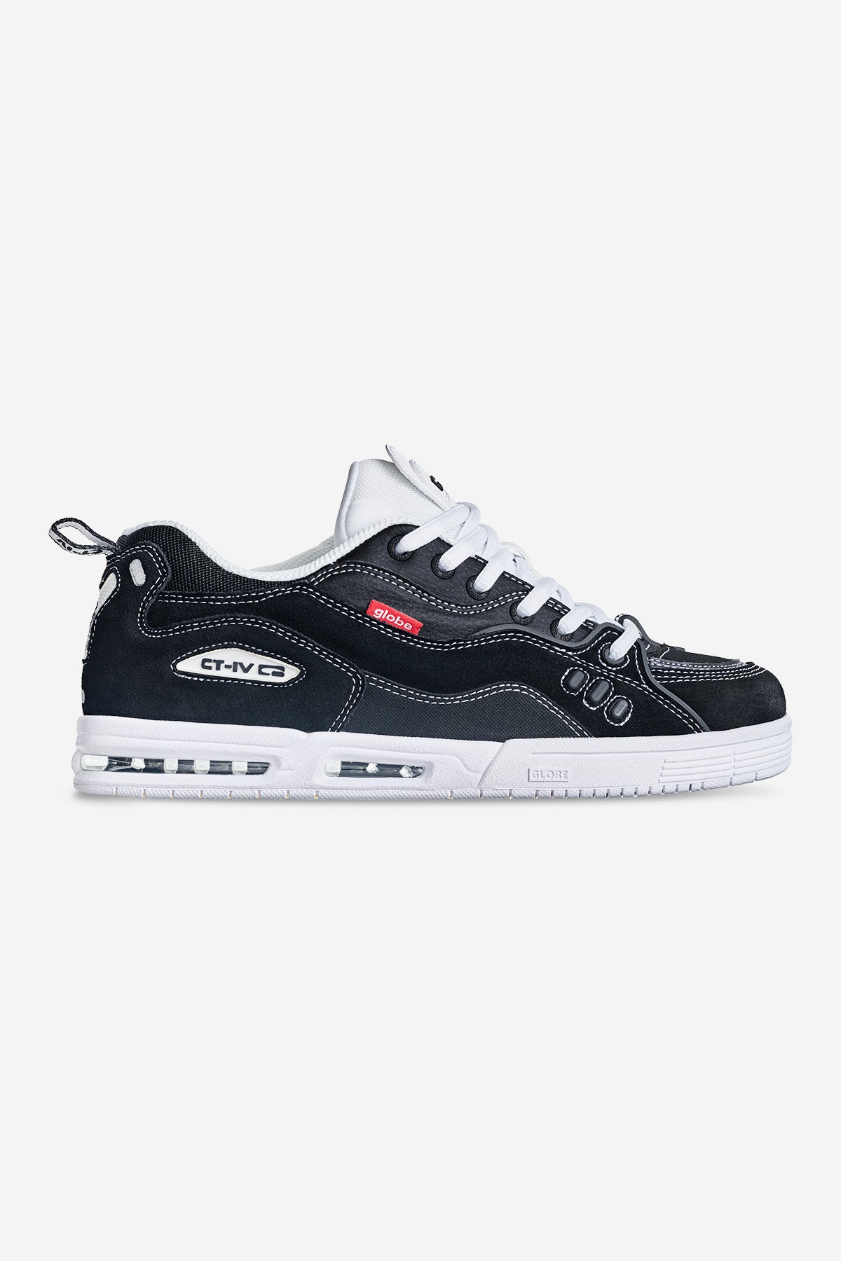 The CT-4 - Black/White is a low-top sneaker featuring black and white colors, white laces, visible air cushioning in the sole, contrast stitching, and red and white logo patches on the side and tongue.