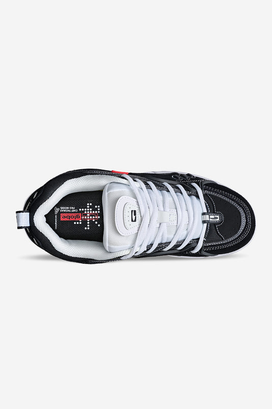 Top view of the CT-4 - Black/White sneaker featuring white laces, a padded tongue, and branding on both the tongue and insole. The insole displays a red and white graphic design.
