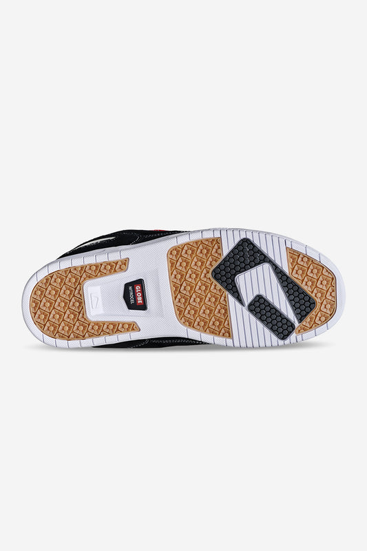 The image shows the sole of the CT-4 - Black/White sneaker, featuring white, black, tan, and gum rubber sections with a textured tread pattern. 