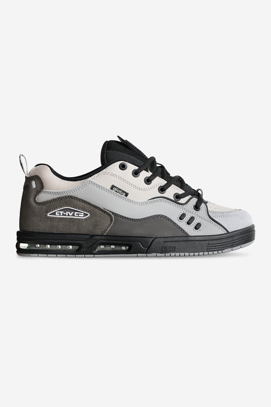 Globe CT-4 grey and black skate shoe side profile with layered panels