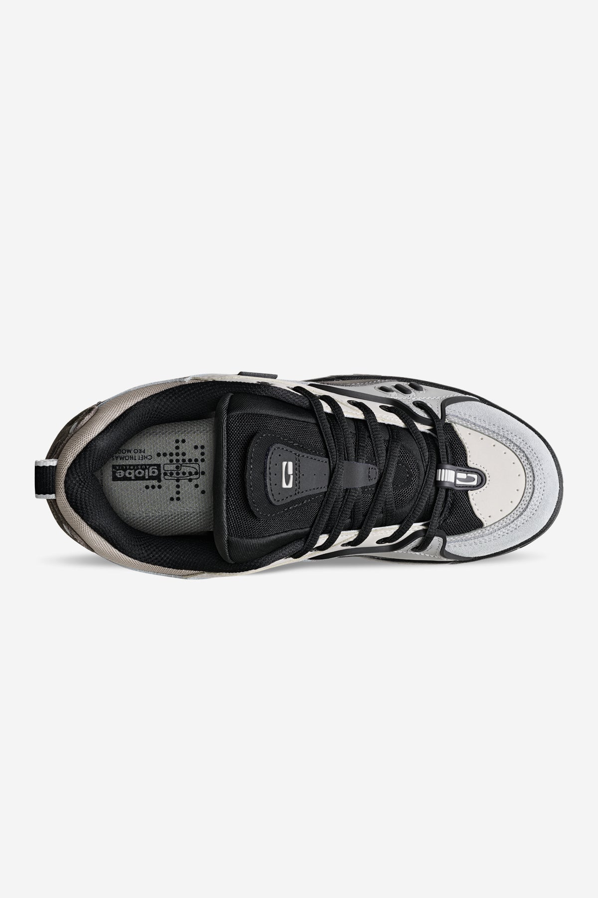 Globe CT-4 grey black top view showing laces and padded collar