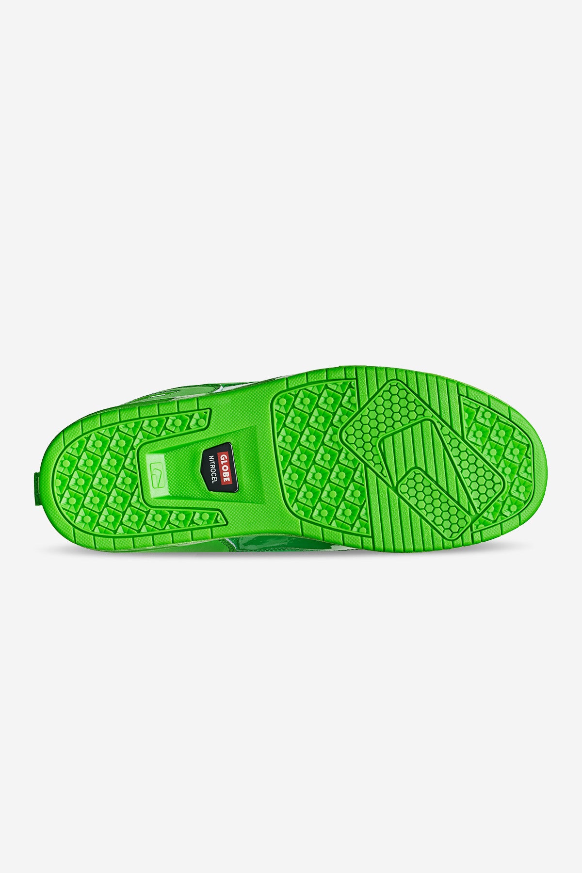 The image displays the CT-4 - Green sneaker’s bright green sole, featuring diverse textured patterns and a small rectangular black and red logo near the heel.