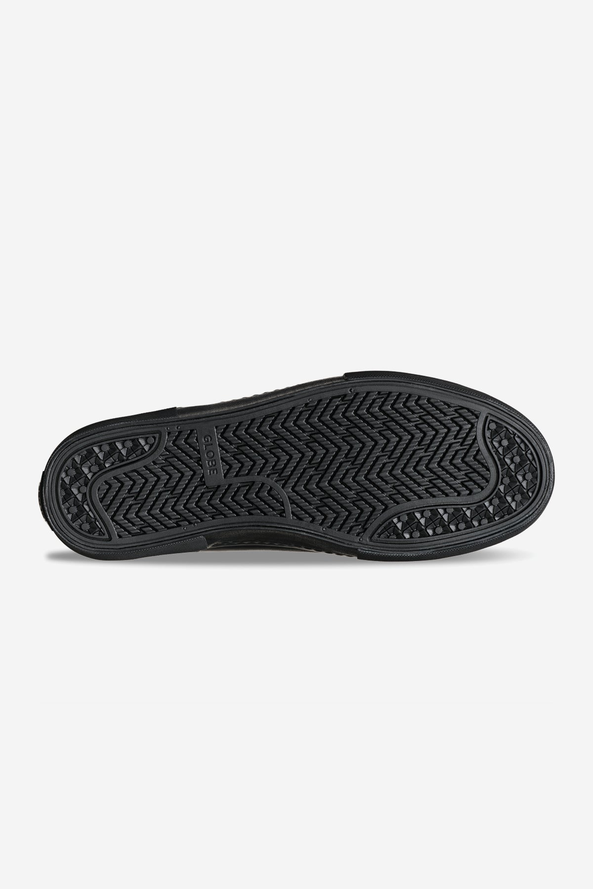 The image displays the black rubber outsole of the Dover II - Wasted Talent Black/Snake shoe, featuring a herringbone and diamond tread pattern and an embossed GLOBE logo at the center, viewed from the bottom.