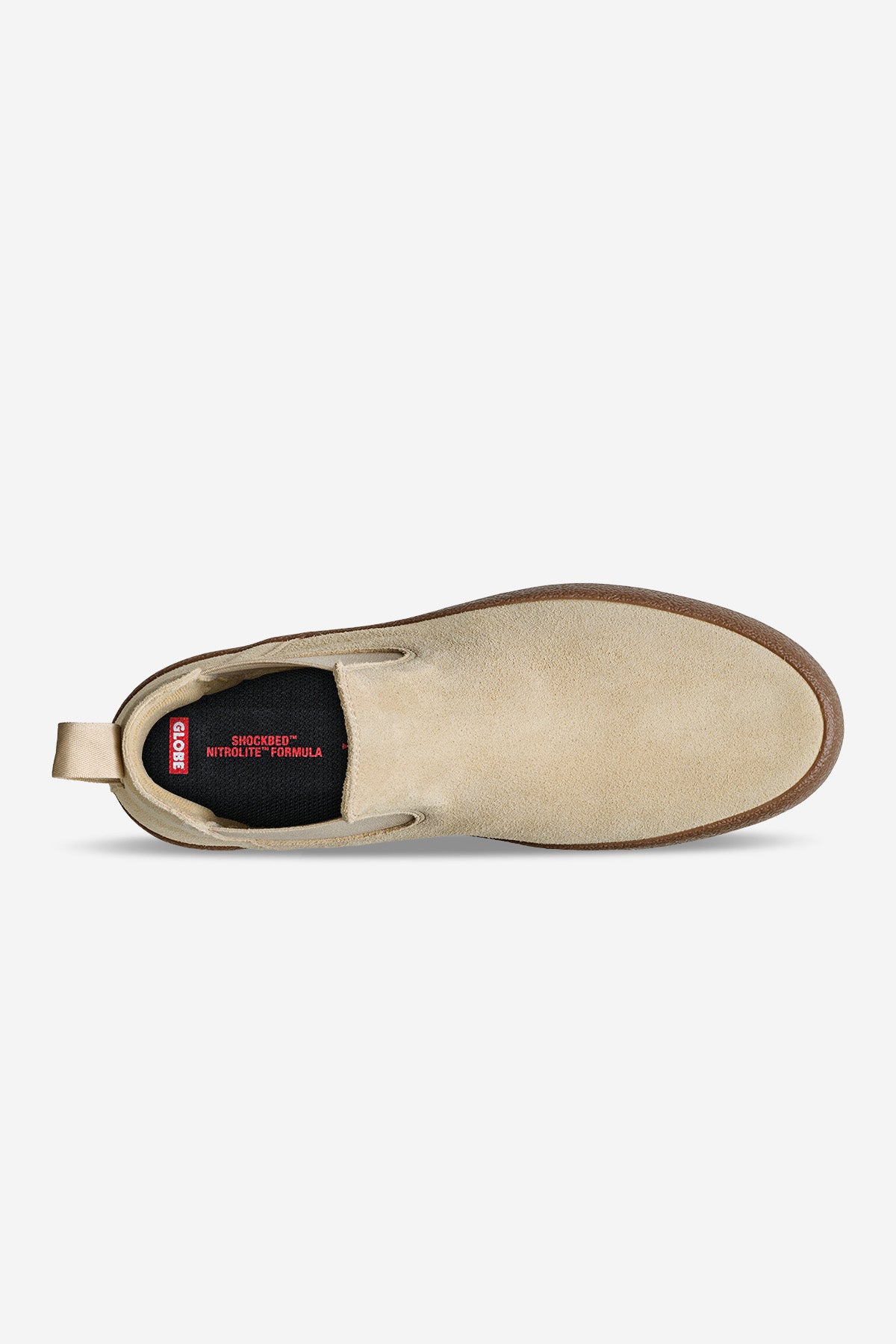 Top view of the Dover II - Safari/Crepe: a tan suede slip-on with a brown crepe sole, heel pull tab, and black insole featuring red and white branding.