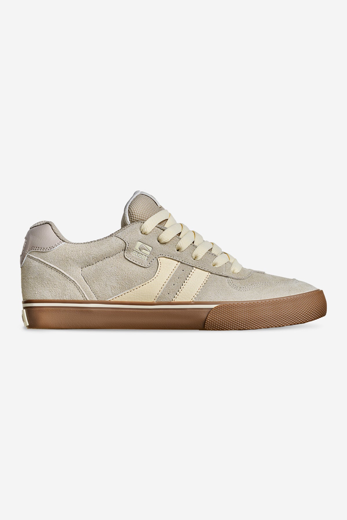 The Encore-2 in Grey/Tobacco Gum is a skate shoe with a suede upper, grey and cream tones, cream laces, side stripes, and a brown gum sole, shown in side profile on a white background.