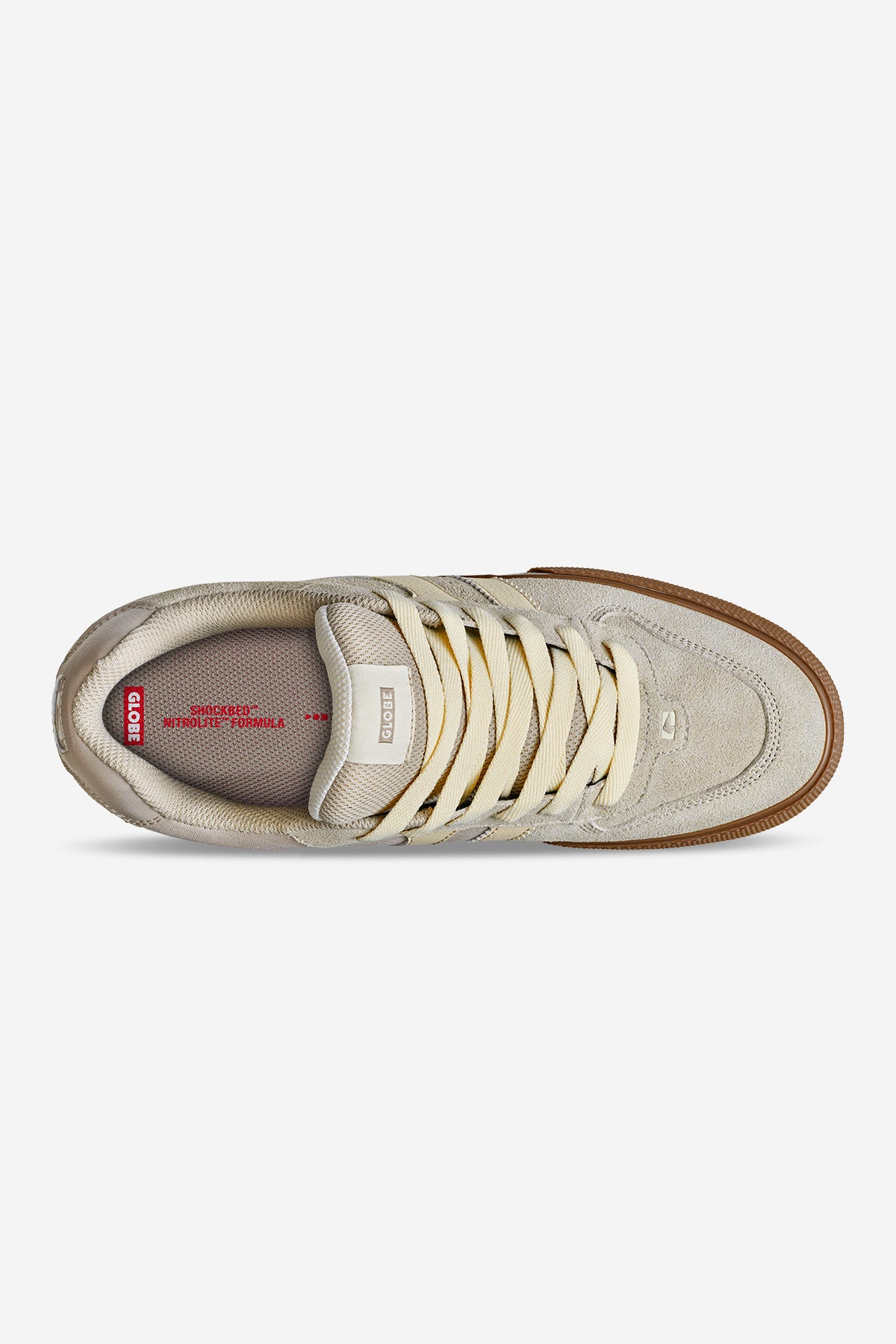 Top view of the Encore-2 sneaker in grey with tobacco gum sole, featuring cream-colored laces and a red GLOBE logo on the insole.