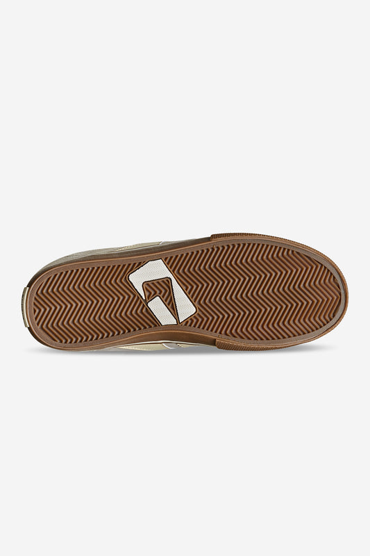 The image displays the sole of the Encore-2 - Grey/Tobacco Gum sneaker featuring a brown herringbone tread and a white geometric logo near the midfoot, all set against a plain white background.