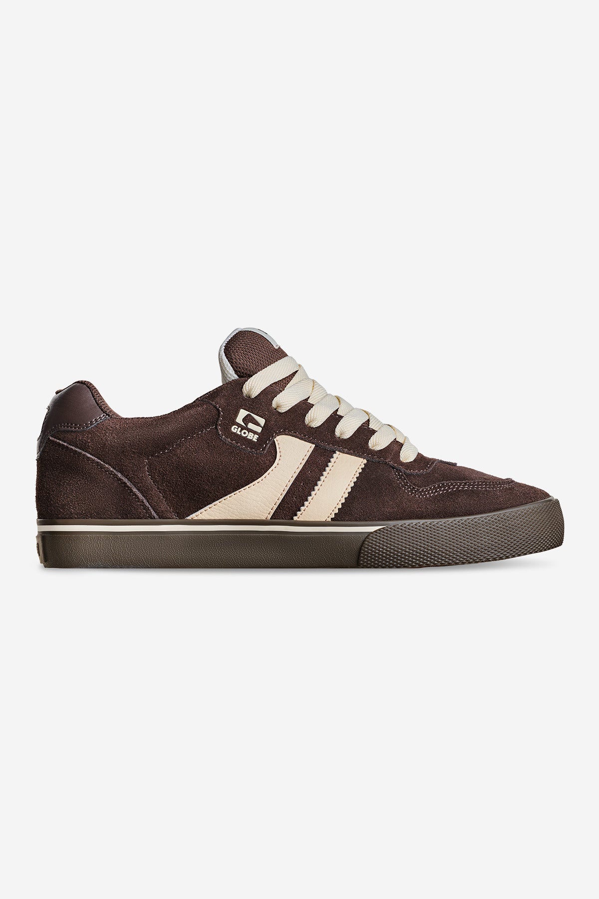 The Encore-2 - Brown/Dark Gum is a brown suede skate shoe featuring cream side stripes, cream laces, and a brown rubber sole, shown in profile against a plain white background.