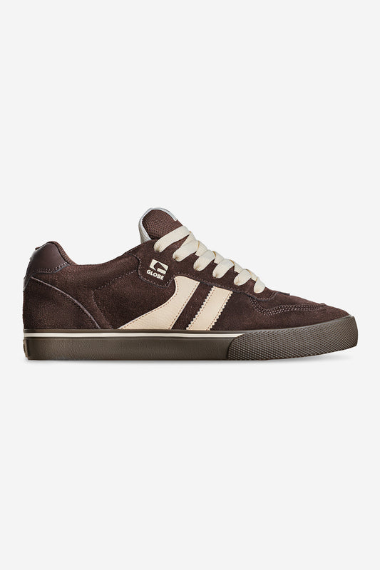 The Encore-2 - Brown/Dark Gum is a brown suede skate shoe featuring cream side stripes, cream laces, and a brown rubber sole, shown in profile against a plain white background.