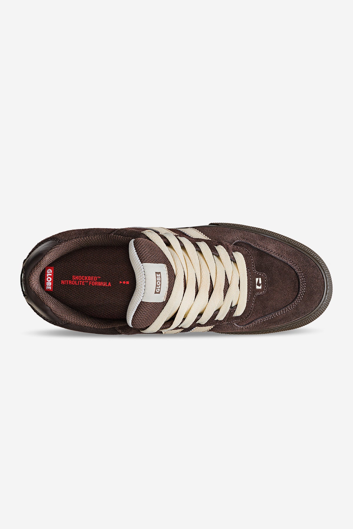 Top view of the Encore-2 - Brown/Dark Gum sneaker with cream laces and dark brown interior. The Globe logo appears on the tongue and insole. The shoe is displayed on a plain white background.