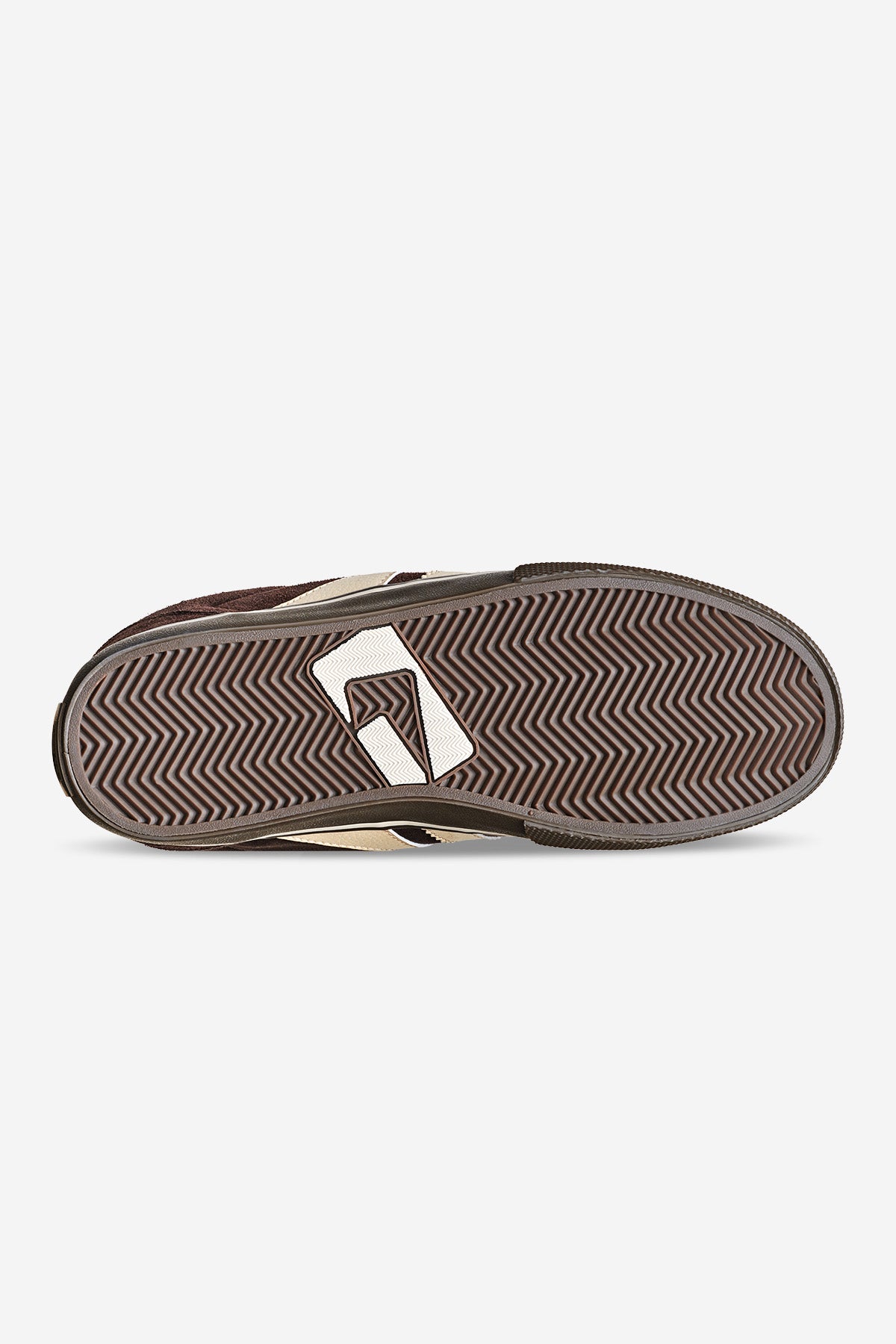 The bottom view of the Encore-2 - Brown/Dark Gum sneaker features a brown rubber sole with a zigzag herringbone tread and a white geometric logo in the center.