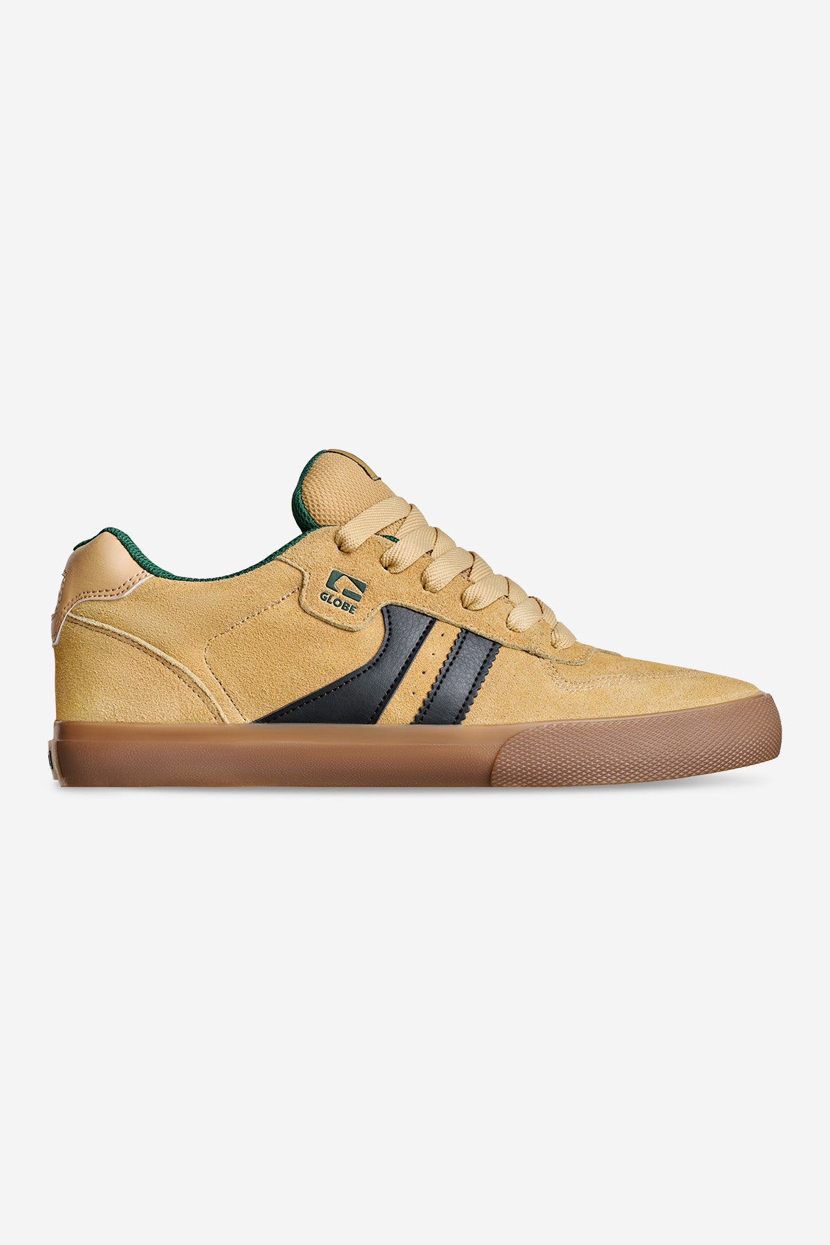 The Encore-2 - Yellow/Green features tan suede, tan laces, a brown sole, black side stripes, green trim on the collar, and a small tag with a logo and "Globe" near the laces, shown on a plain white background.