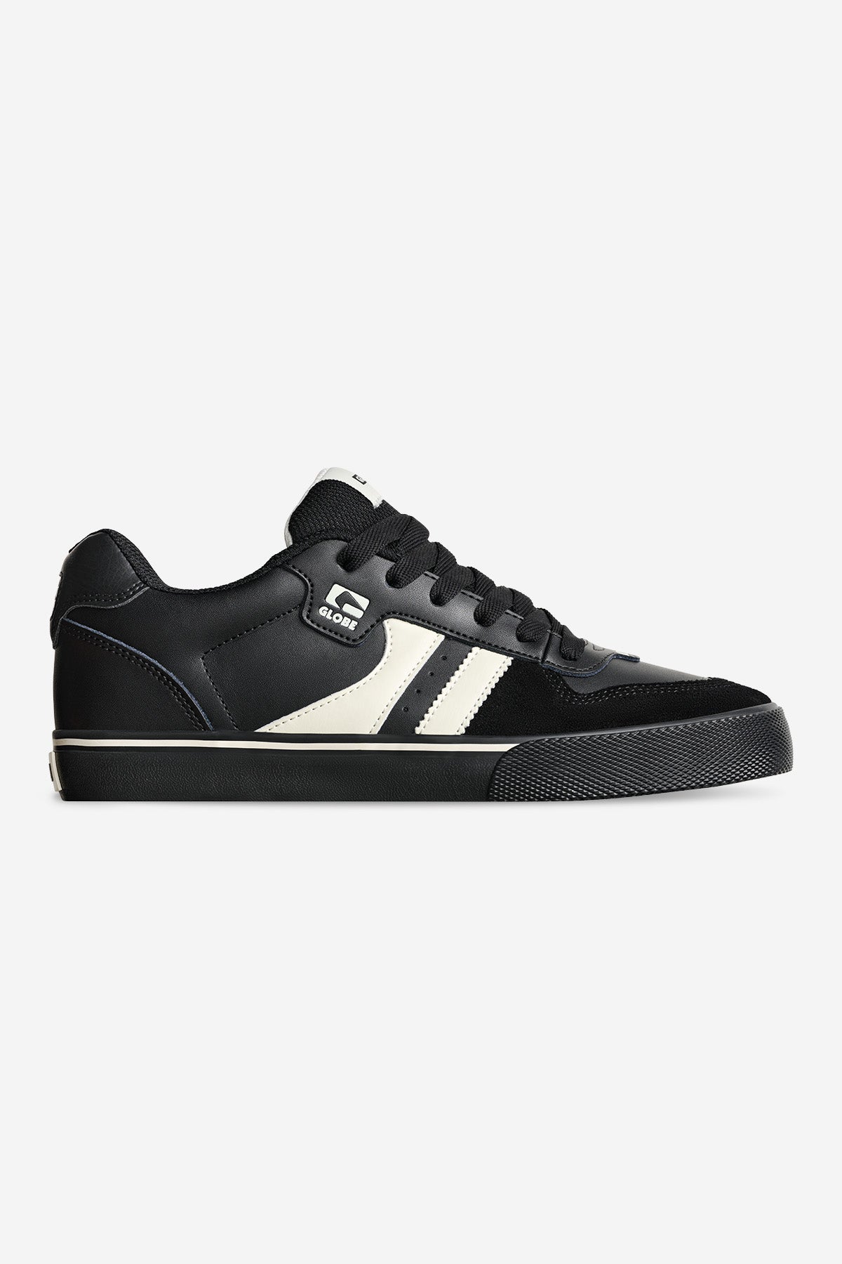 Encore-2 Black Antique skate shoe with twin white stripes in a side profile view