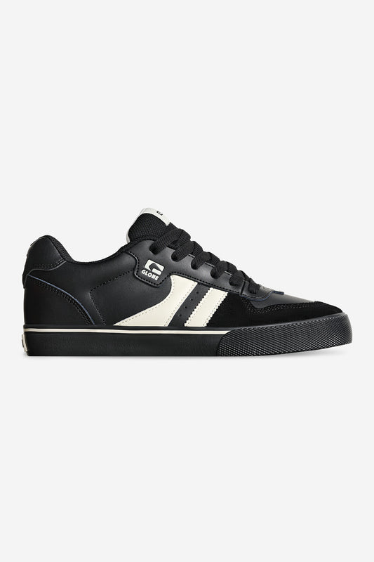 Encore-2 Black Antique skate shoe with twin white stripes in a side profile view