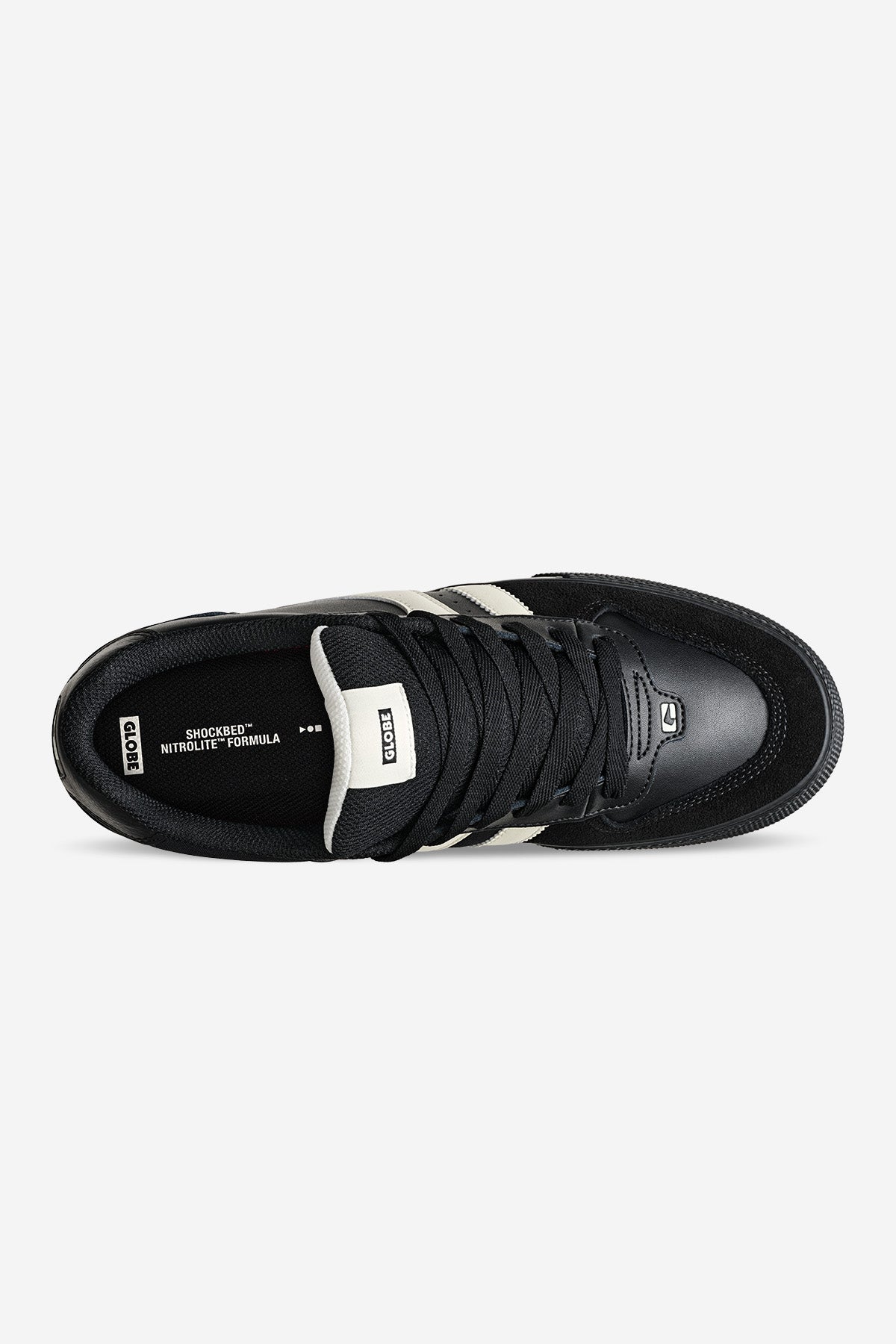 Encore-2 Black Antique sneaker shown from top with laces and white twin stripes detail