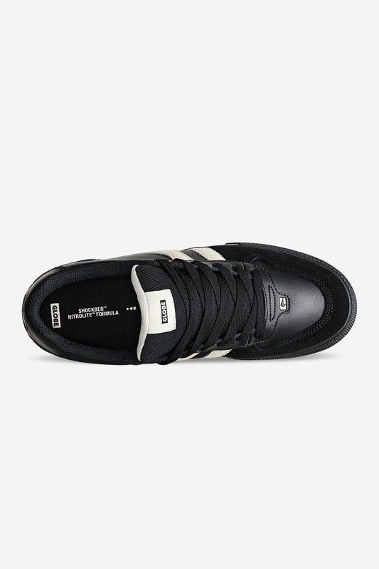 Encore-2 Black Antique sneaker shown from top with laces and white twin stripes detail