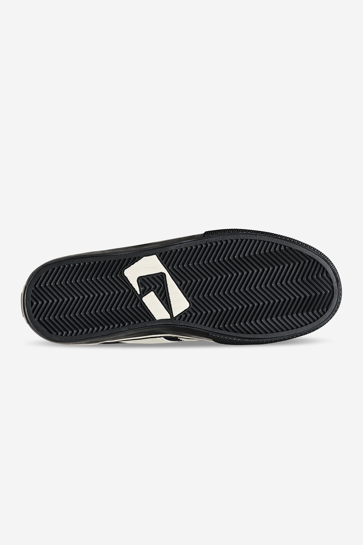 Bottom view of Encore-2 black/antique sneaker showing a herringbone outsole and white logo patch