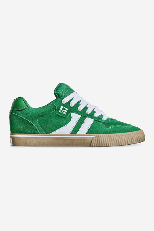 The Encore-2 in Green/White/Gum is a low-top sneaker featuring white laces, white side stripes, a white Globe logo, and a light brown gum sole. Displayed in profile against a white background.